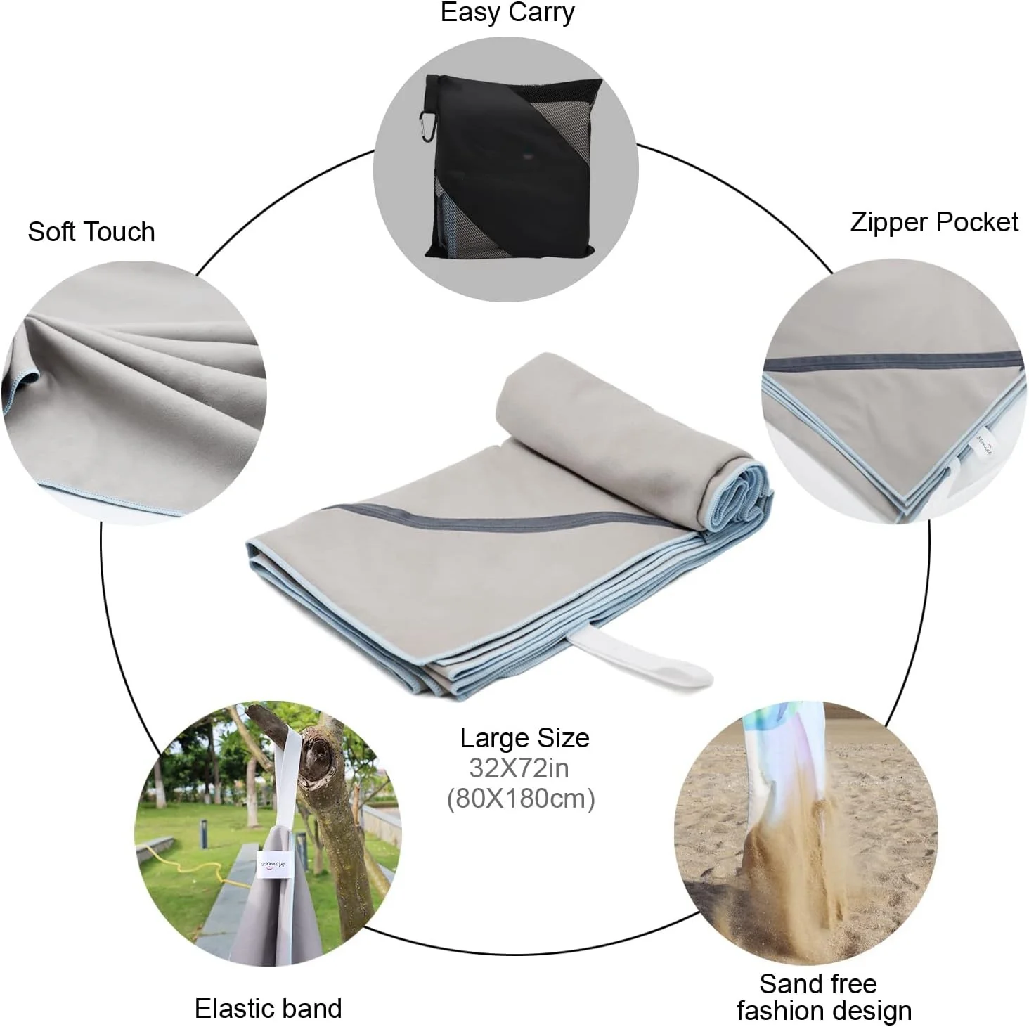 Soft Microfiber Fitness Towel with Zipper Pocket Quick Dry Sand-Free for Swim - Image 2
