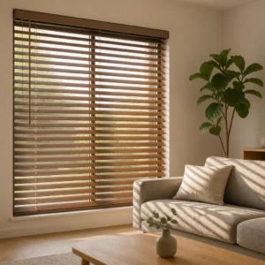 Solid Wood Built-In Horizontal Venetian Blinds 50mm Stained Walnut Slat Ladder String Tilt Wand UV Blocking