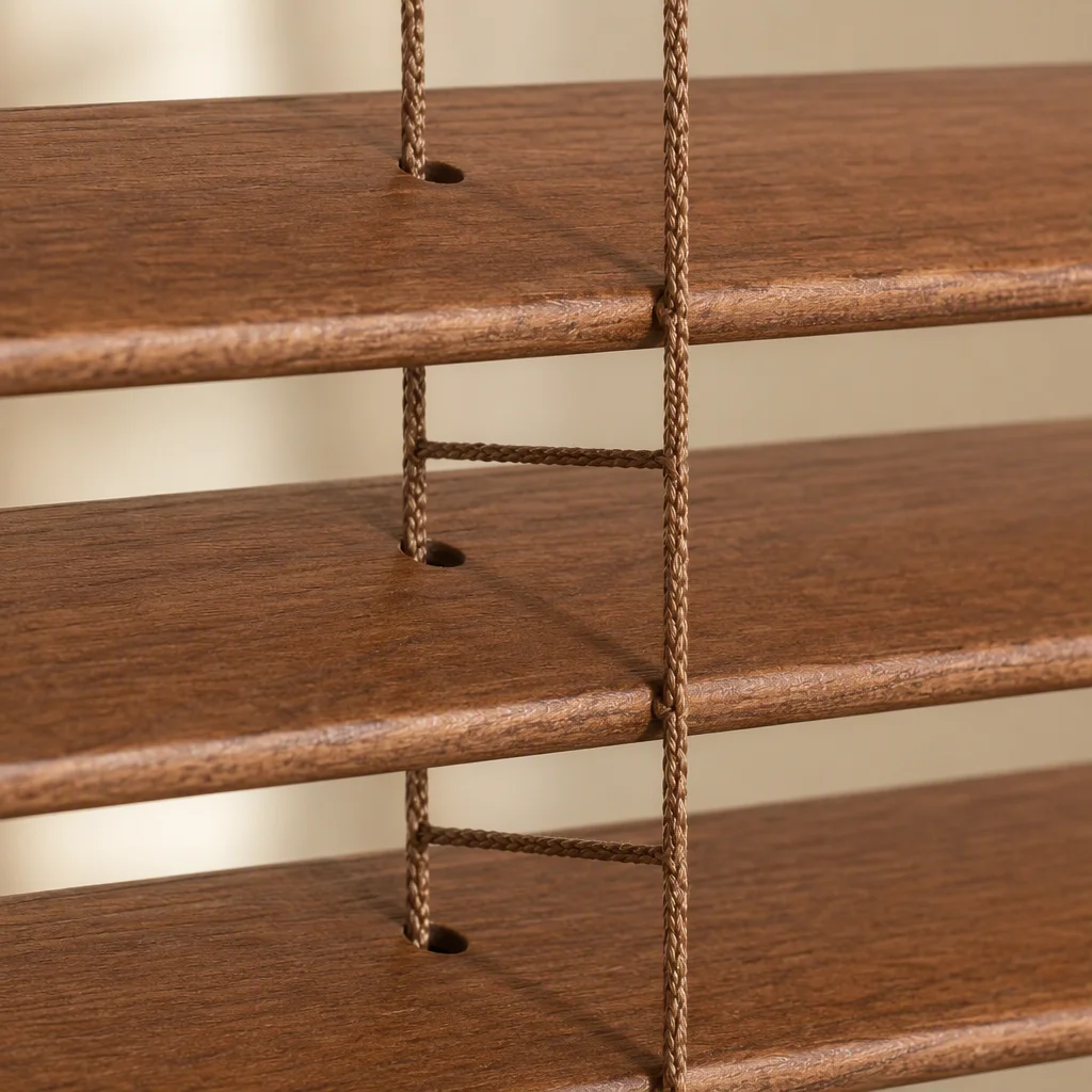 Solid Wood Built-In Horizontal Venetian Blinds 50mm Stained Walnut Slat Ladder String Tilt Wand UV Blocking - Image 3