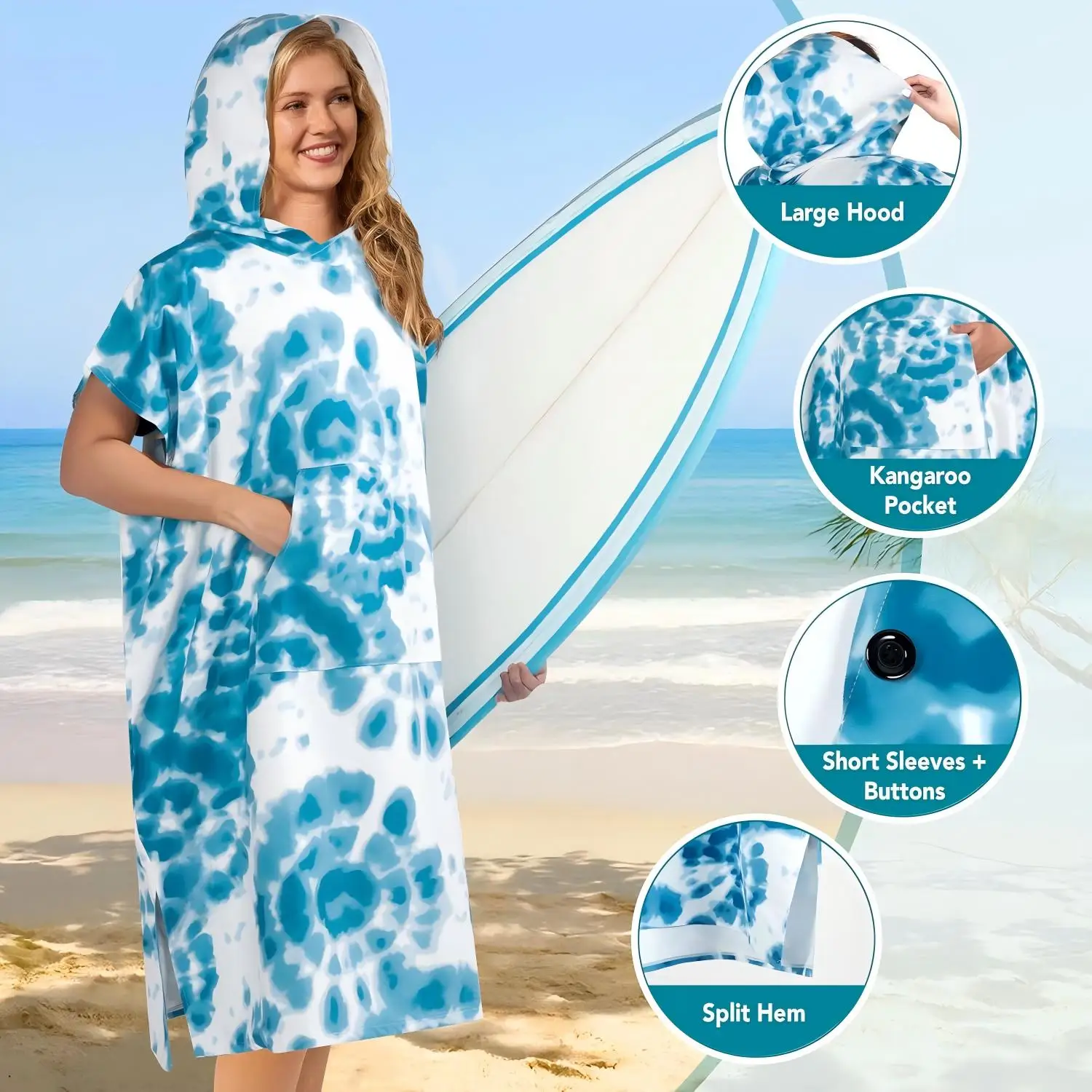 Sustainable Microfiber Surf Poncho Quick-Dry Eco-Friendly Hooded Towel - Image 3