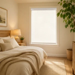 USB Rechargeable Motorized Roller Shades Semi-Sheer Fabric Arc Headrail Cordless Custom Size Bedroom Privacy