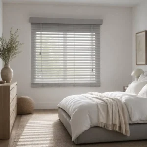 White Paulownia Wood Venetian Blinds 50mm Slats Eco-Friendly UV Blocking Bedroom