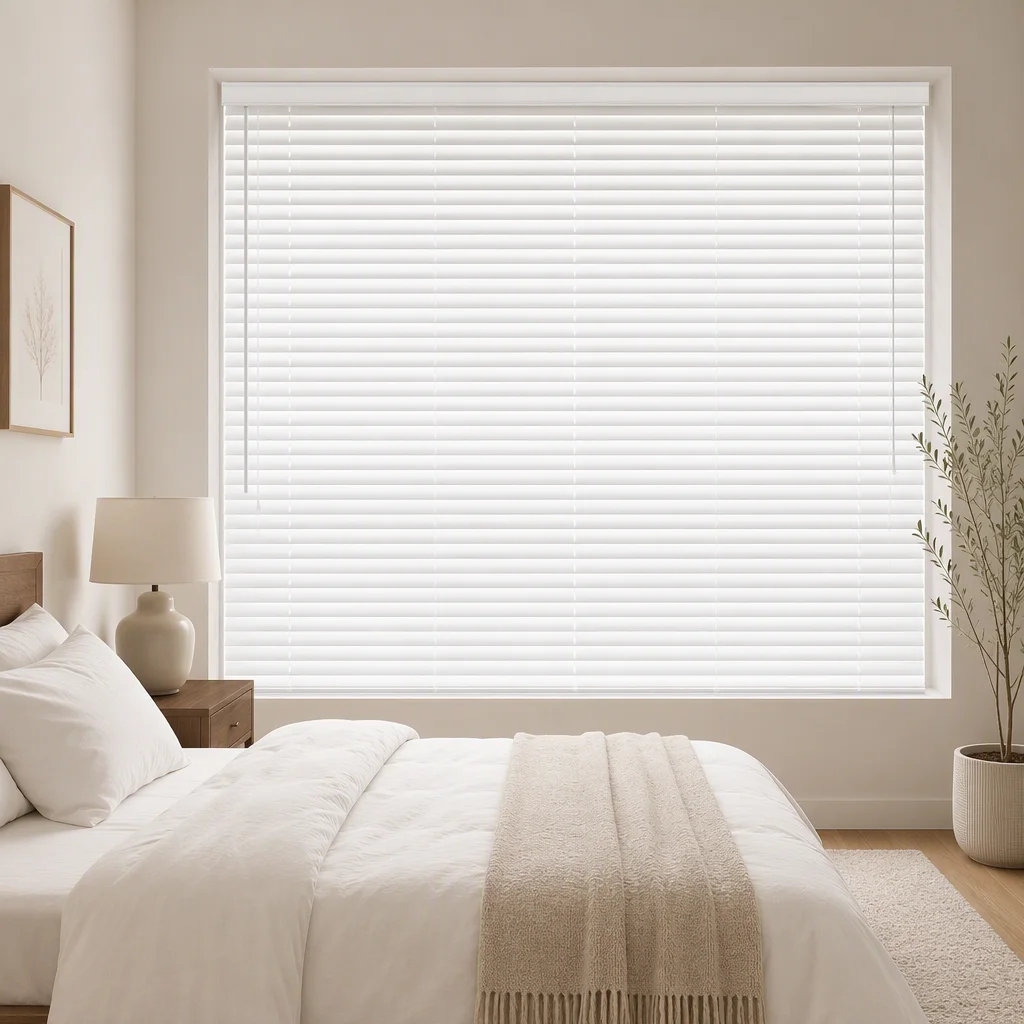 White Wood Horizontal Venetian Blinds 35mm Painted Ladder String Tilt Wand Pull Cord Custom Size OEM - Image 2