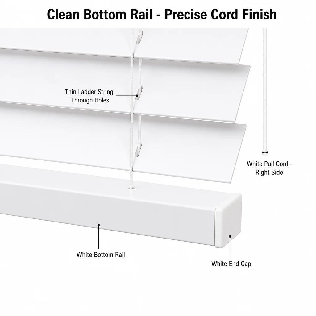 White Wood Horizontal Venetian Blinds 35mm Painted Ladder String Tilt Wand Pull Cord Custom Size OEM - Image 3