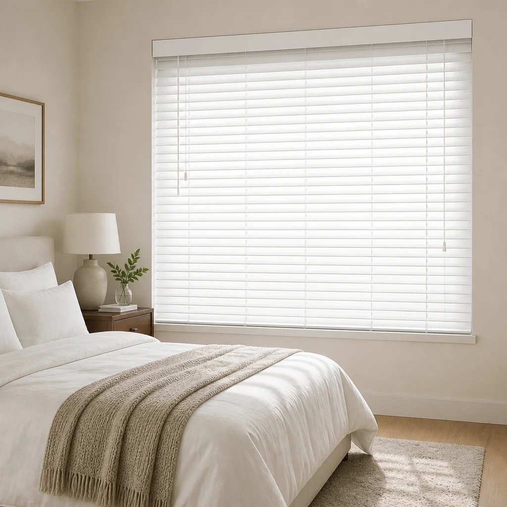 White Wood Venetian Blinds 50mm Slats Cord Pull UV Blocking Privacy Custom