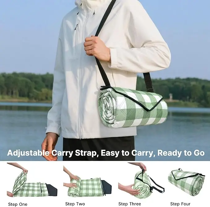 Wholesale Green White Plaid Waterproof Picnic Blanket with Carry Strap for Camping Beach - Image 2