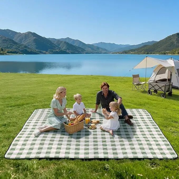 Wholesale Green White Plaid Waterproof Picnic Blanket with Carry Strap for Camping Beach - Image 4