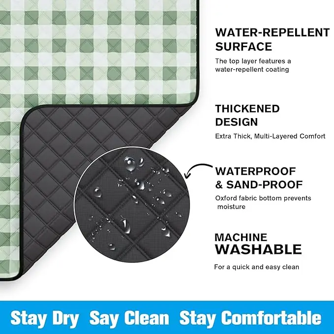 Wholesale Green White Plaid Waterproof Picnic Blanket with Carry Strap for Camping Beach - Image 5