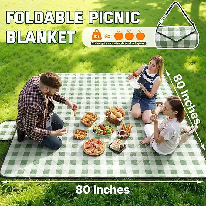 Wholesale Green White Plaid Waterproof Picnic Blanket with Carry Strap for Camping Beach - Image 6