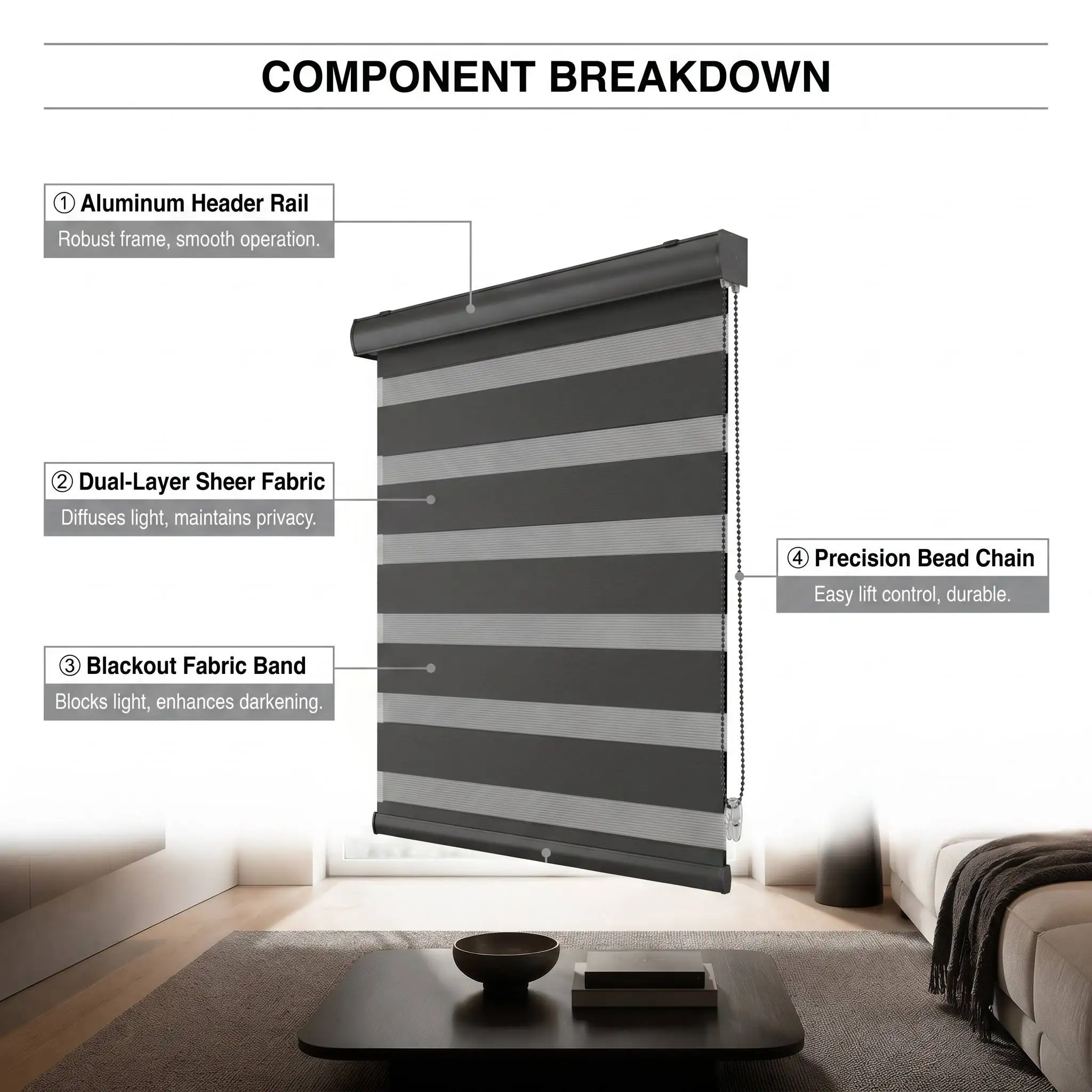 Zebra Shades Dual Layer Roller Blind UV Blocking Light Filtering Privacy 100 Percent Polyester Custom Size - Image 4